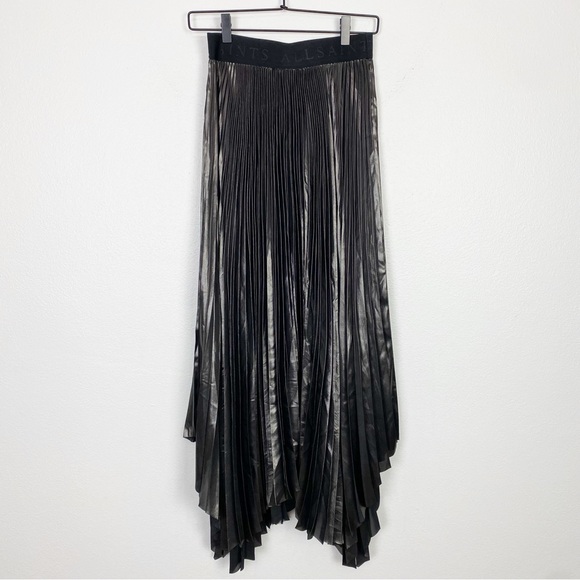 All Saints Phia Pleated Skirt Assymetrical Handkerchief Hem in Metallic Gray - Picture 7 of 11